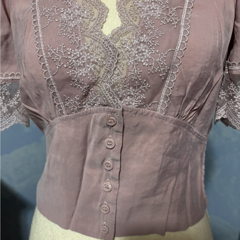 Zara Lace Trim Blouse Mauve Pink Cropped Top XS Boho Cottagecore - Picture 3 of 10